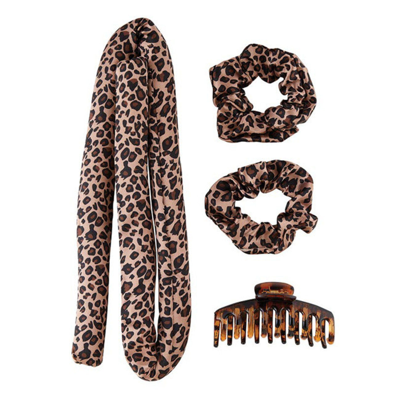 Leopard print scarf, scrunchies, and comb on a white background