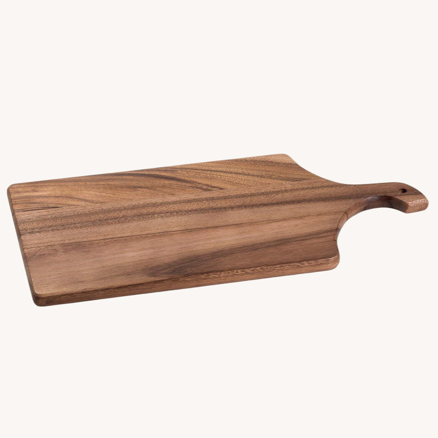 Wooden cutting board with handle on a white background