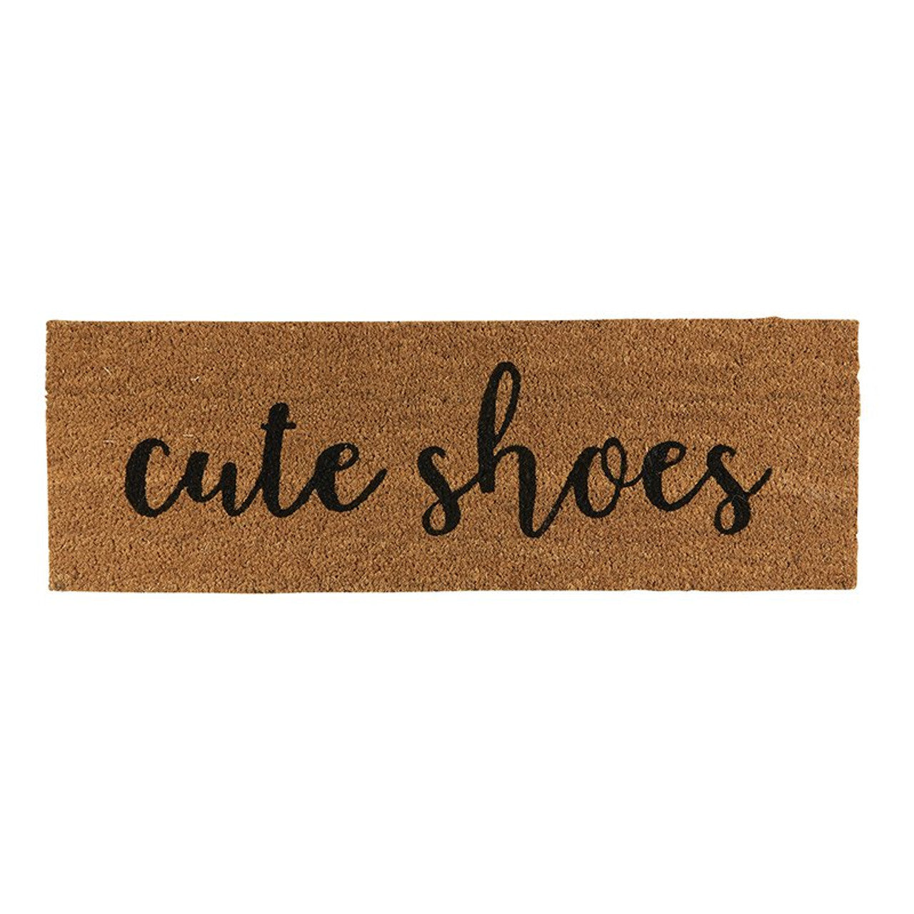 Doormat with 'cute shoes' text on a white background