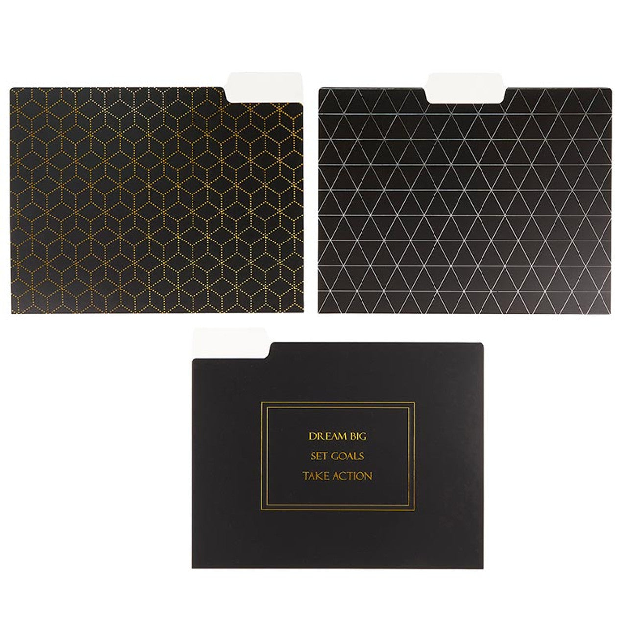 Two geometric patterned folders and a black folder with motivational quote on a white background