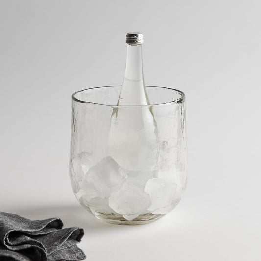 Clear glass ice bucket with bottle on a white background
