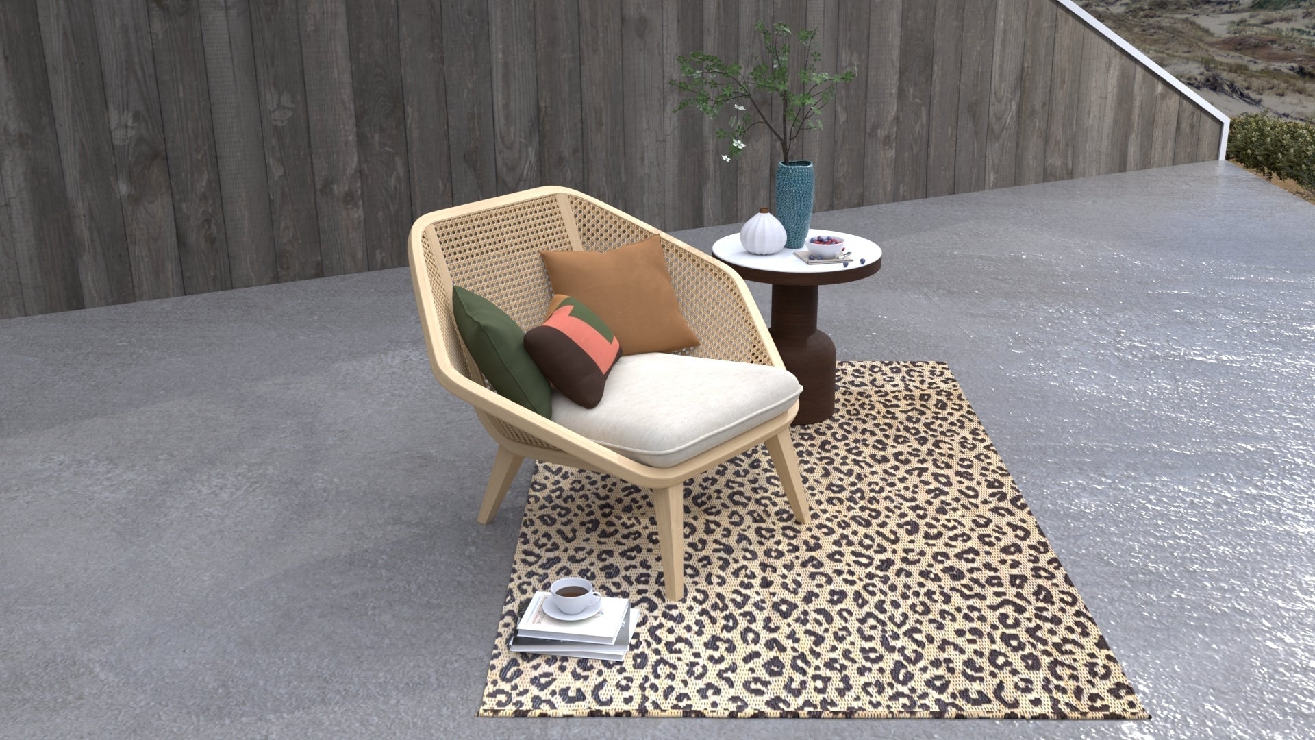Wicker chair with cushions on a leopard print rug in an outdoor setting