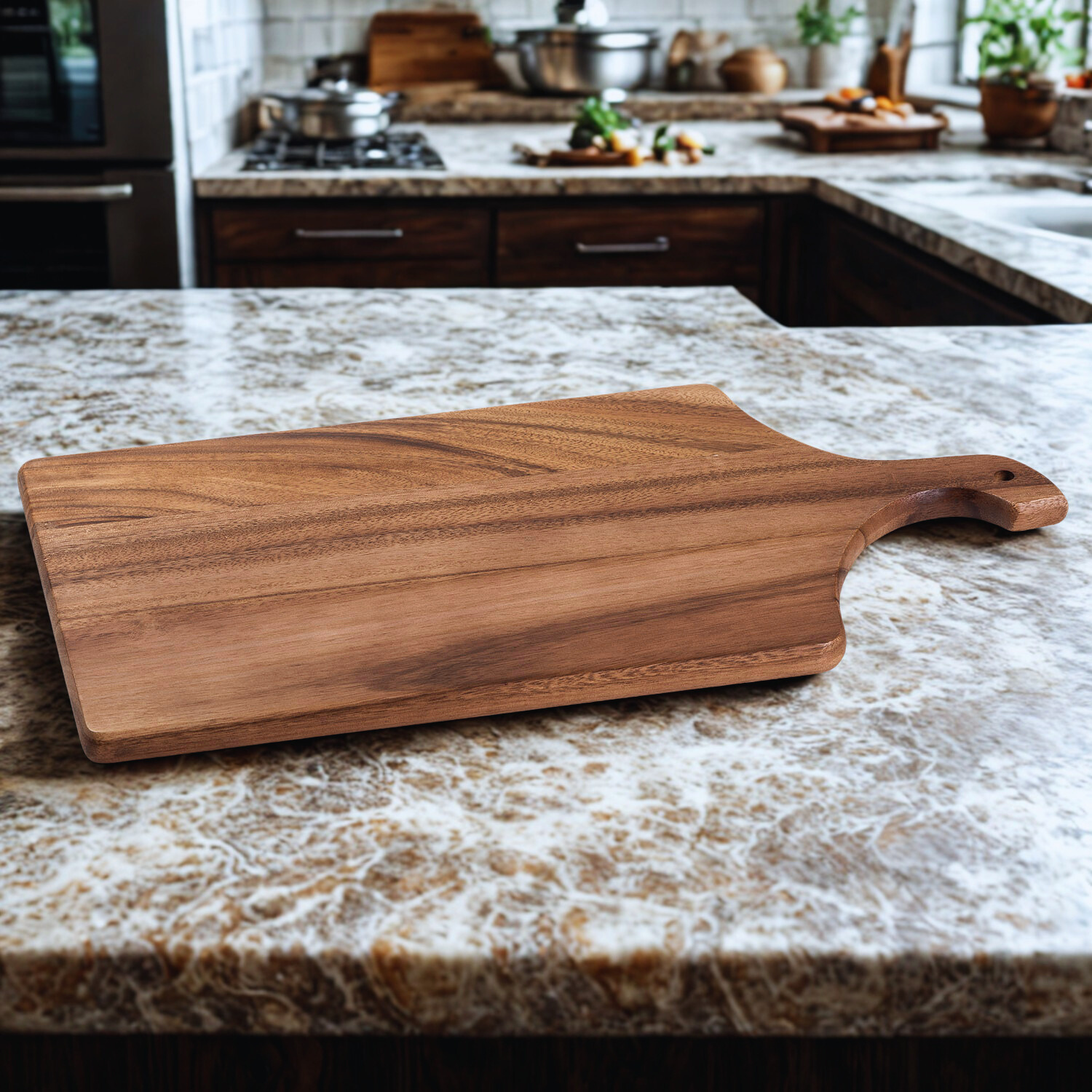 Wooden cutting board on a kitchen counter with a blurred background