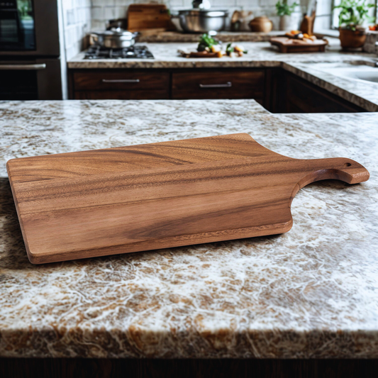 Wooden cutting board on a kitchen counter with a blurred background
