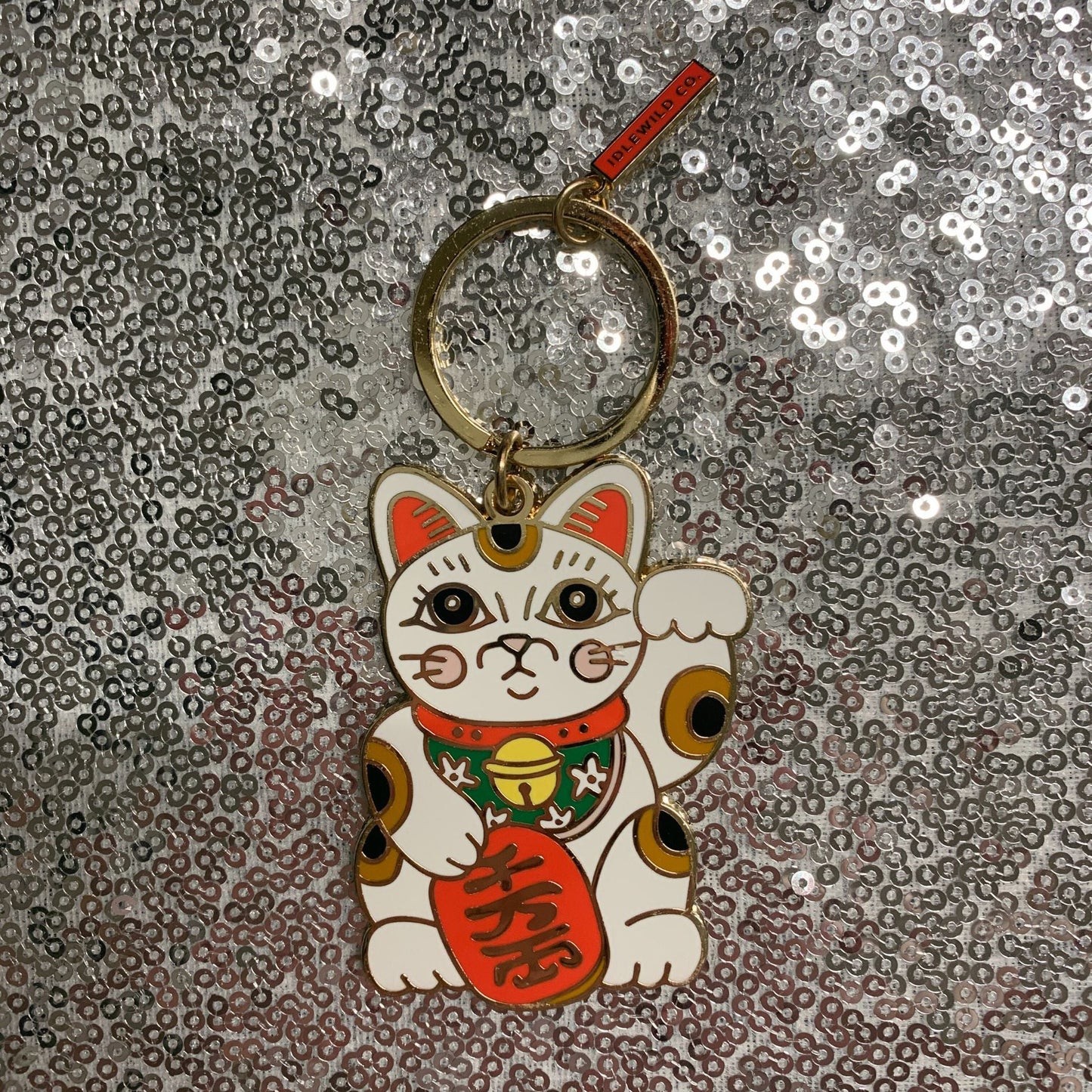 Maneki Neko Cute Cat  Brass and Enamel Keychain | Good Luck Charm Key Ring Holder