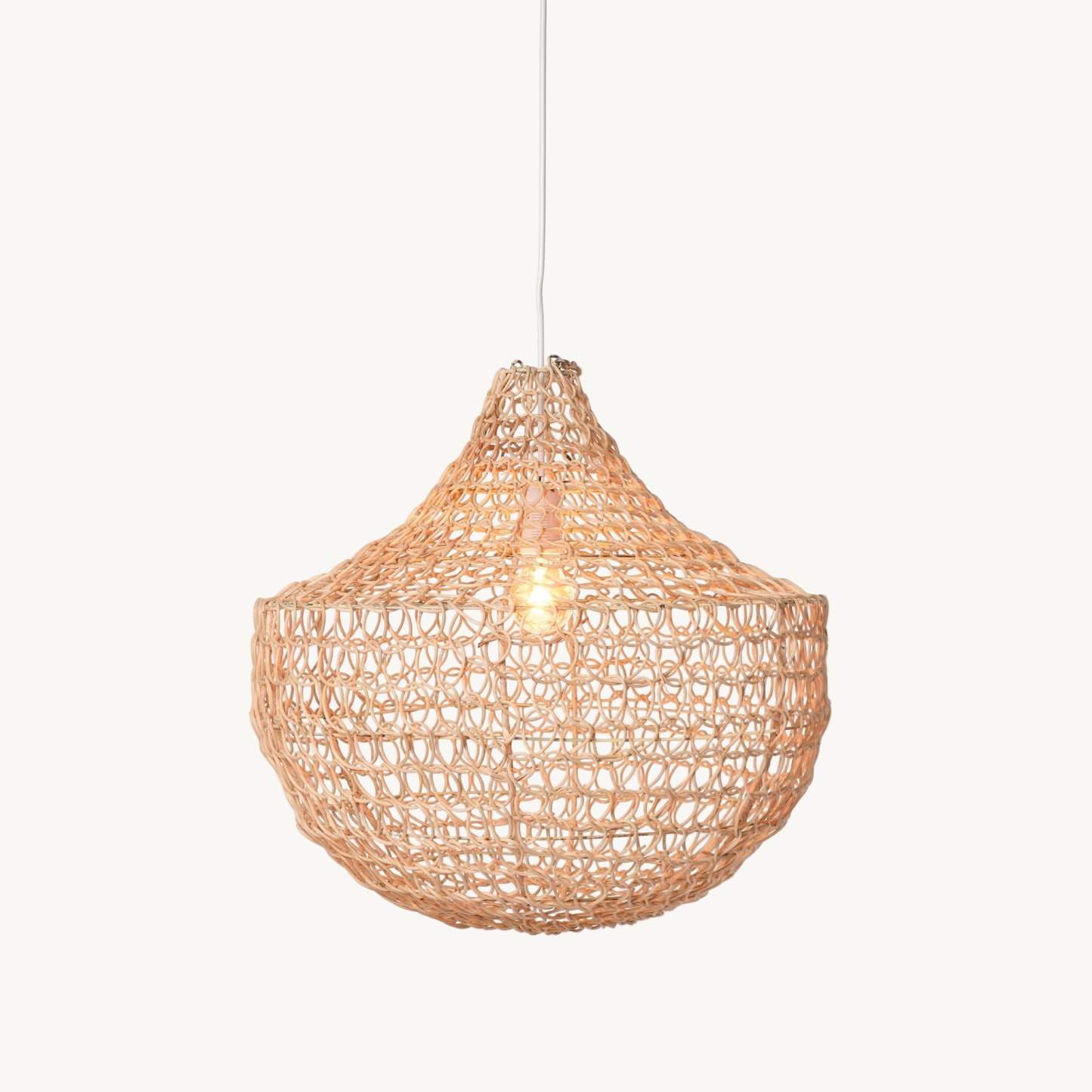 Woven pendant light on a gray background