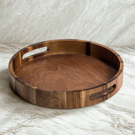 Wooden tray with handles on a marble surface