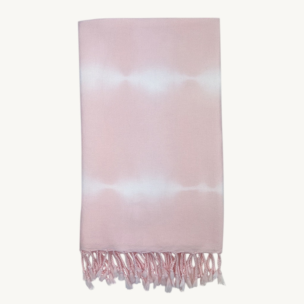 Pink and white tie-dye lampshade with fringes on a white background